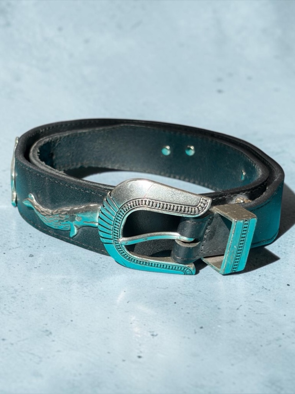 CABELA’S BLACK LEATHER BELT WITH SILVER ANIMAL CONCHOS – VINTAGE 1991 MEDIUM